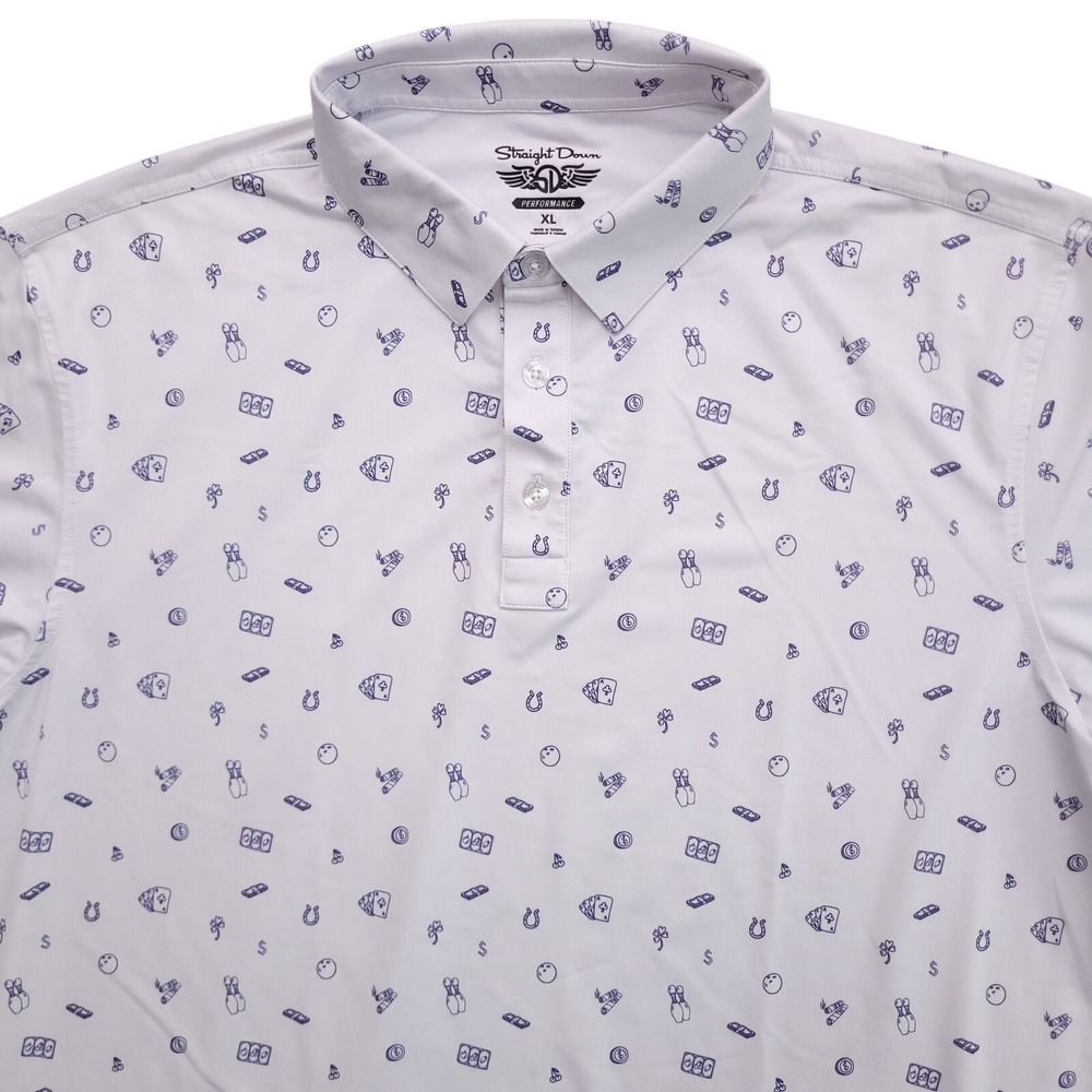 Straight‎ Down Polo Shirt Mens XL White Gambler All Over Print Performance Golf